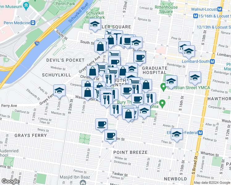map of restaurants, bars, coffee shops, grocery stores, and more near 2120 Montrose Street in Philadelphia