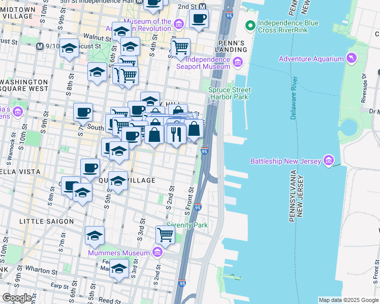 map of restaurants, bars, coffee shops, grocery stores, and more near 214 South Street in Philadelphia