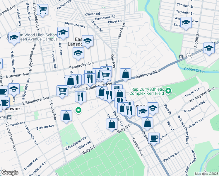map of restaurants, bars, coffee shops, grocery stores, and more near in Delaware County