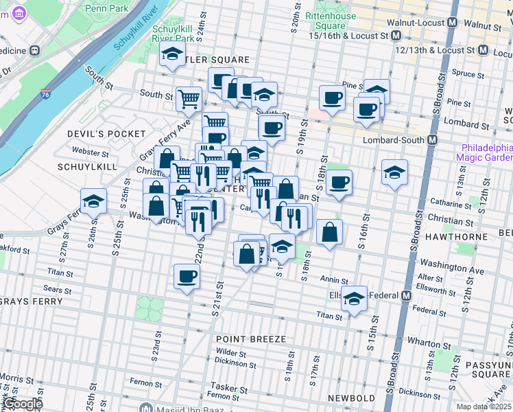 map of restaurants, bars, coffee shops, grocery stores, and more near 2005 Carpenter Street in Philadelphia