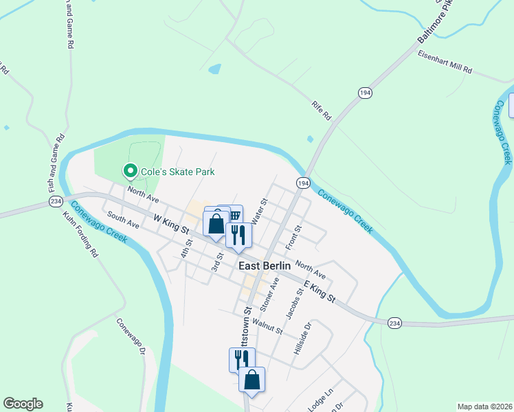 map of restaurants, bars, coffee shops, grocery stores, and more near 119 Water Street in East Berlin