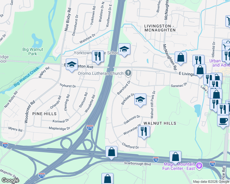 map of restaurants, bars, coffee shops, grocery stores, and more near 1839 Bairsford Drive in Columbus