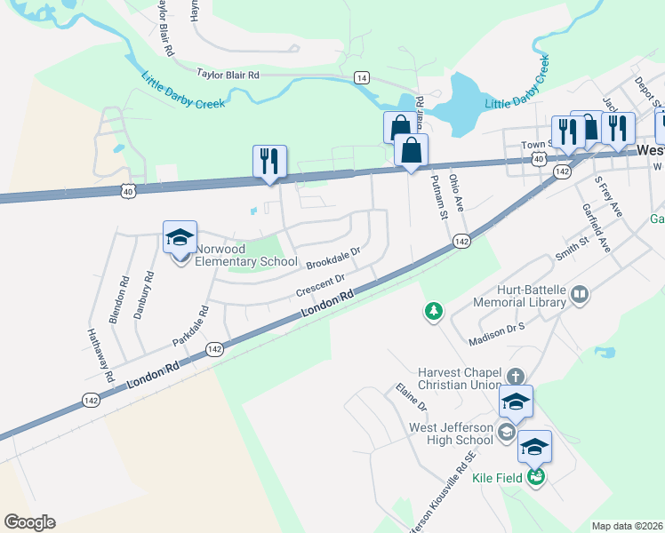 map of restaurants, bars, coffee shops, grocery stores, and more near 661 Brookdale Drive in West Jefferson