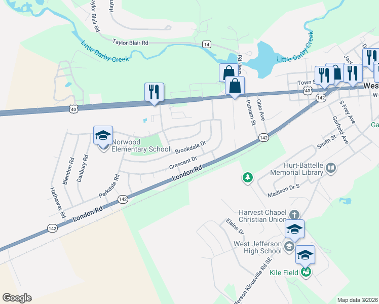 map of restaurants, bars, coffee shops, grocery stores, and more near 661 Brookdale Dr in West Jefferson