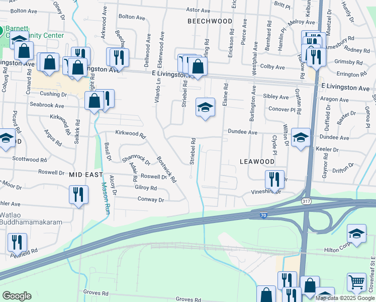 map of restaurants, bars, coffee shops, grocery stores, and more near 1627 Striebel Road in Columbus
