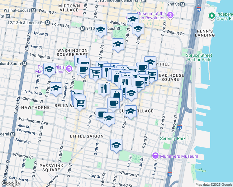 map of restaurants, bars, coffee shops, grocery stores, and more near 728 South 6th Street in Philadelphia