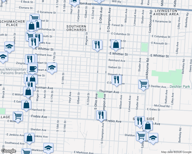 map of restaurants, bars, coffee shops, grocery stores, and more near 1195 South Ohio Avenue in Columbus