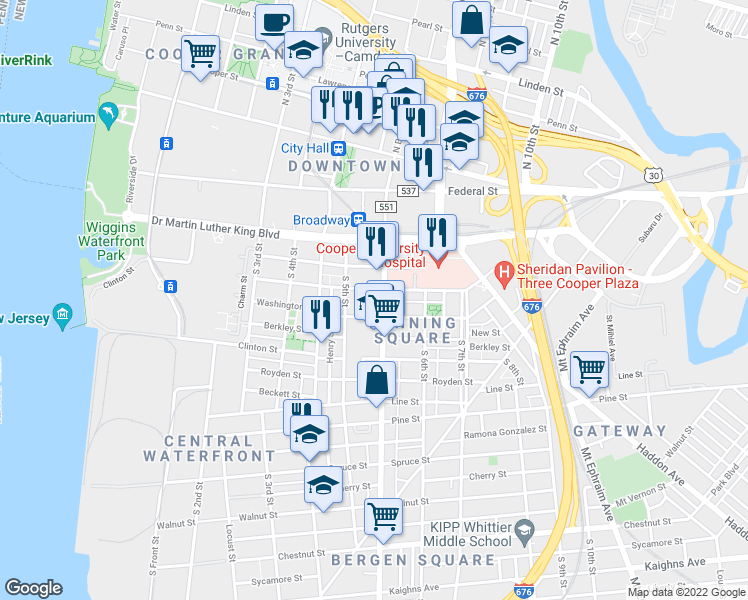 map of restaurants, bars, coffee shops, grocery stores, and more near 401 Broadway in Camden