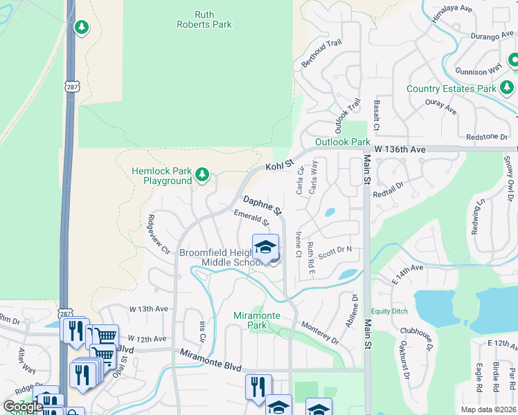 map of restaurants, bars, coffee shops, grocery stores, and more near 1715 Daphne Street in Broomfield