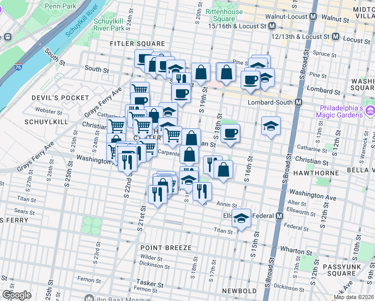 map of restaurants, bars, coffee shops, grocery stores, and more near 1928 Montrose Street in Philadelphia