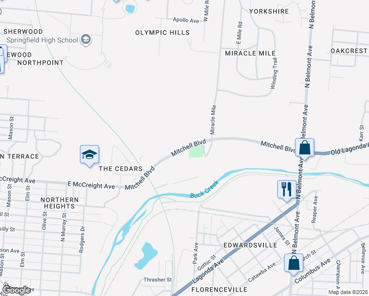 map of restaurants, bars, coffee shops, grocery stores, and more near 1100-1230 Mitchell Blvd in Springfield