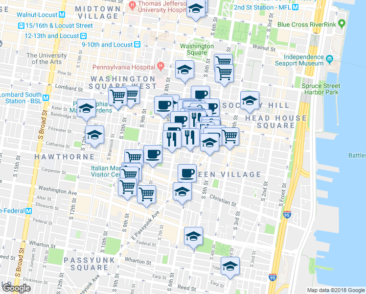 map of restaurants, bars, coffee shops, grocery stores, and more near 610 Pemberton Street in Philadelphia