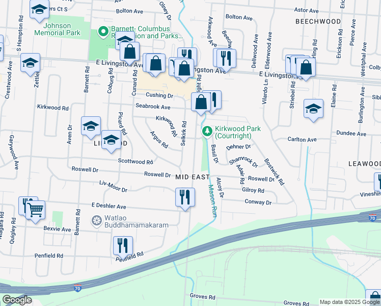 map of restaurants, bars, coffee shops, grocery stores, and more near 1579 Courtright Road in Columbus