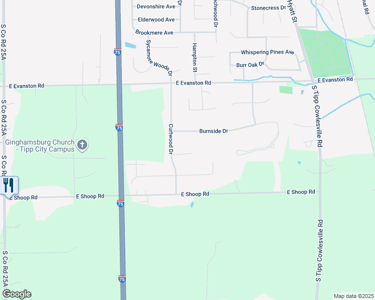 map of restaurants, bars, coffee shops, grocery stores, and more near 855 Dean Court in Tipp City