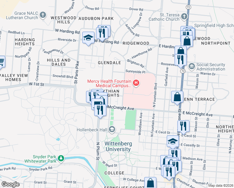 map of restaurants, bars, coffee shops, grocery stores, and more near 270 West 1st Street in Springfield