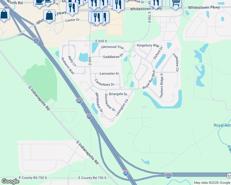 map of restaurants, bars, coffee shops, grocery stores, and more near 6284 Briargate Drive in Zionsville