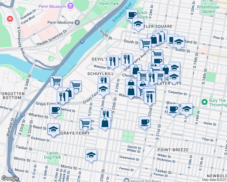 map of restaurants, bars, coffee shops, grocery stores, and more near 2544 Graduate Square in Philadelphia
