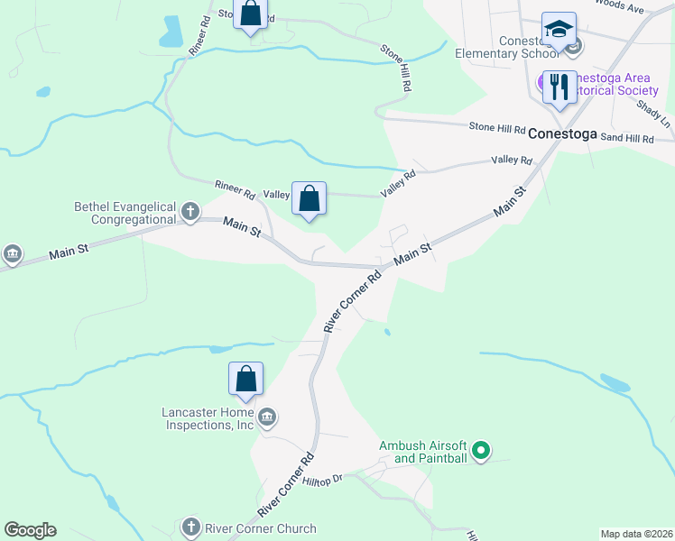 map of restaurants, bars, coffee shops, grocery stores, and more near 3462 Main Street in Conestoga