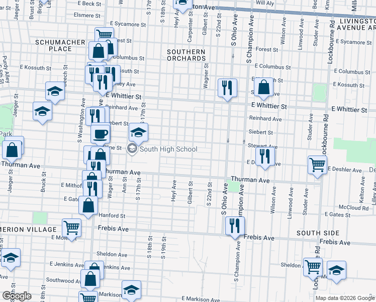 map of restaurants, bars, coffee shops, grocery stores, and more near 1179 Gilbert Street in Columbus