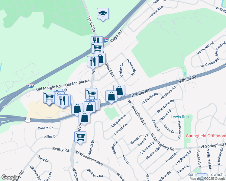 map of restaurants, bars, coffee shops, grocery stores, and more near 730 Buttonwood Drive in Springfield