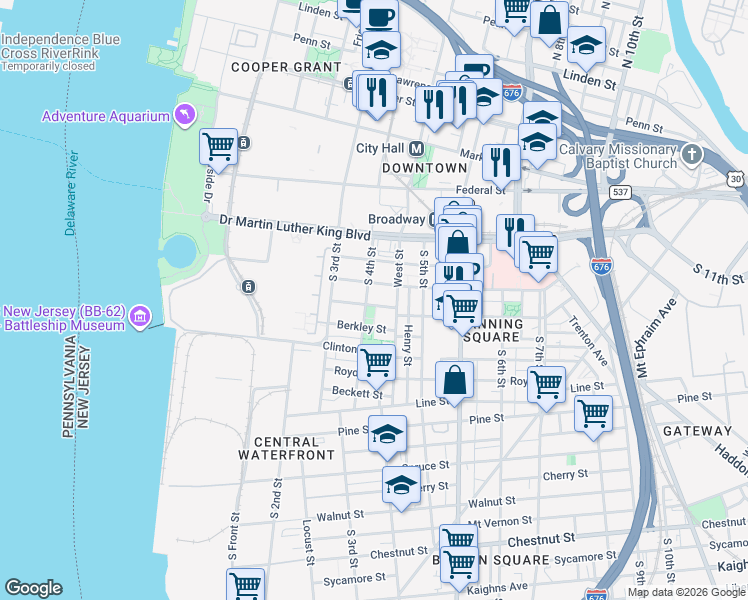 map of restaurants, bars, coffee shops, grocery stores, and more near 422 South 4th Street in Camden
