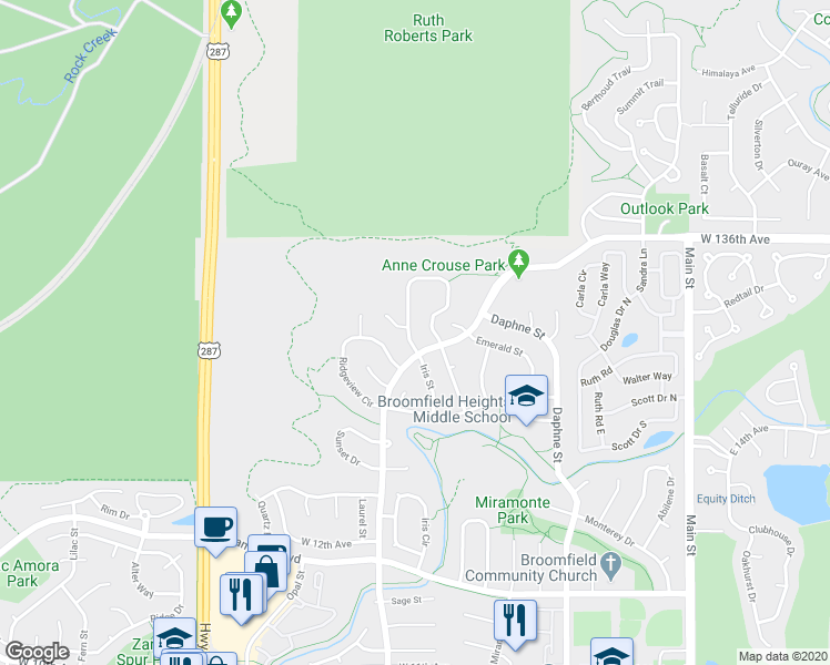 map of restaurants, bars, coffee shops, grocery stores, and more near 1674 Iris Street in Broomfield