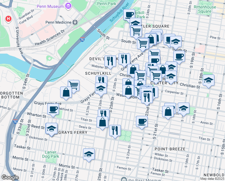 map of restaurants, bars, coffee shops, grocery stores, and more near 2433 Washington Avenue in Philadelphia