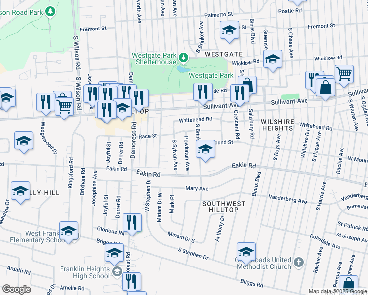 map of restaurants, bars, coffee shops, grocery stores, and more near 669 Powhatan Avenue in Columbus