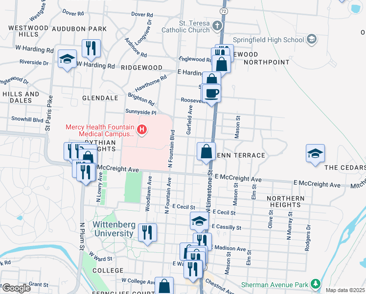 map of restaurants, bars, coffee shops, grocery stores, and more near 1317 Garfield Ave in Springfield