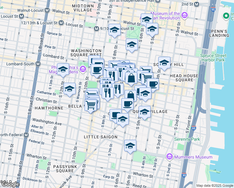 map of restaurants, bars, coffee shops, grocery stores, and more near 709 Fitzwater Street in Philadelphia