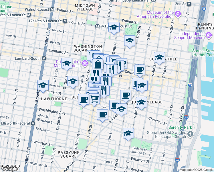 map of restaurants, bars, coffee shops, grocery stores, and more near 800 Fitzwater Street in Philadelphia