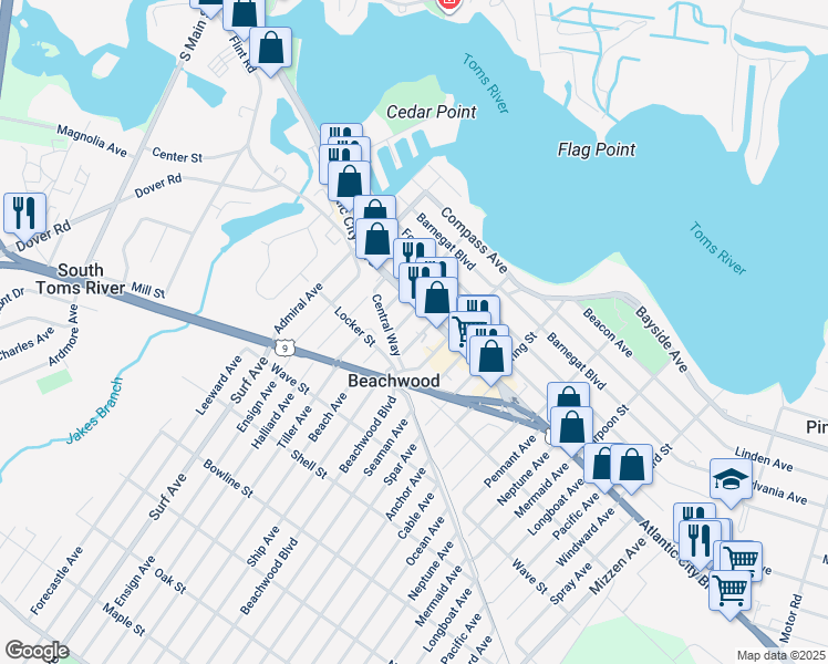 map of restaurants, bars, coffee shops, grocery stores, and more near 118 Ship Avenue in Beachwood