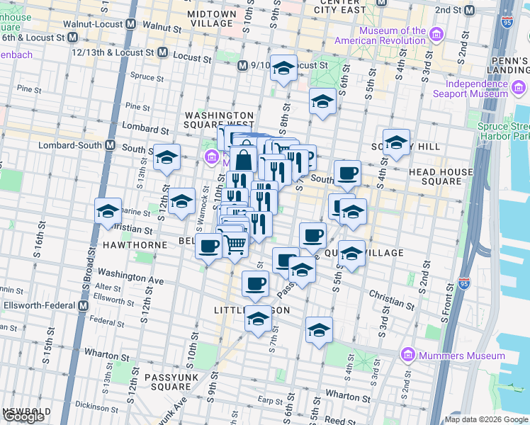 map of restaurants, bars, coffee shops, grocery stores, and more near 736 South 8th Street in Philadelphia
