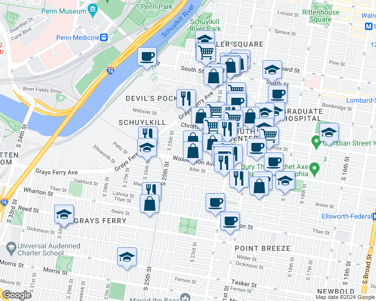 map of restaurants, bars, coffee shops, grocery stores, and more near 1016 South 24th Street in Philadelphia