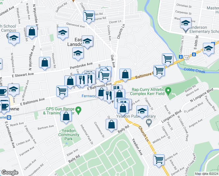 map of restaurants, bars, coffee shops, grocery stores, and more near 1012 East Baltimore Avenue in East Lansdowne
