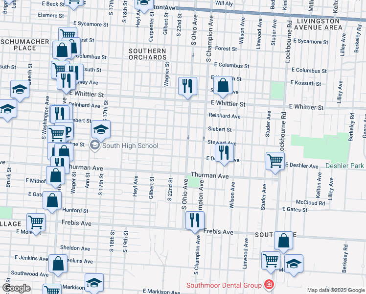 map of restaurants, bars, coffee shops, grocery stores, and more near 1193 South Ohio Avenue in Columbus