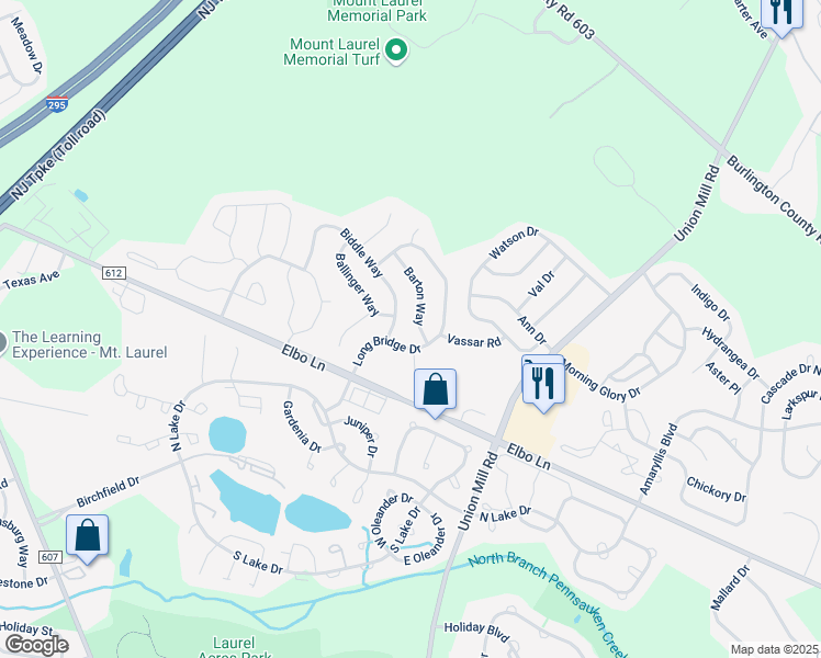 map of restaurants, bars, coffee shops, grocery stores, and more near 6 Barton Way in Mount Laurel Township