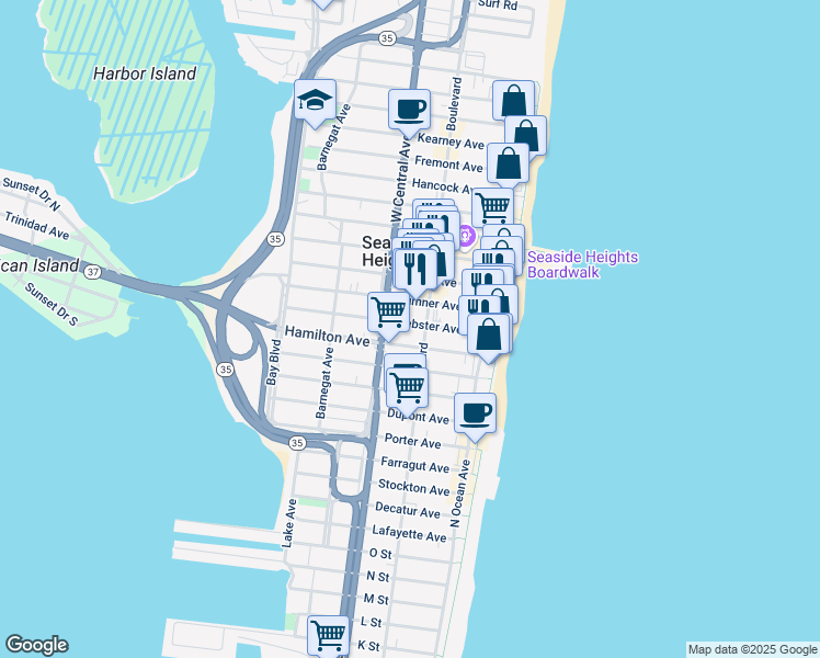 map of restaurants, bars, coffee shops, grocery stores, and more near 117 Webster Avenue in Seaside Heights