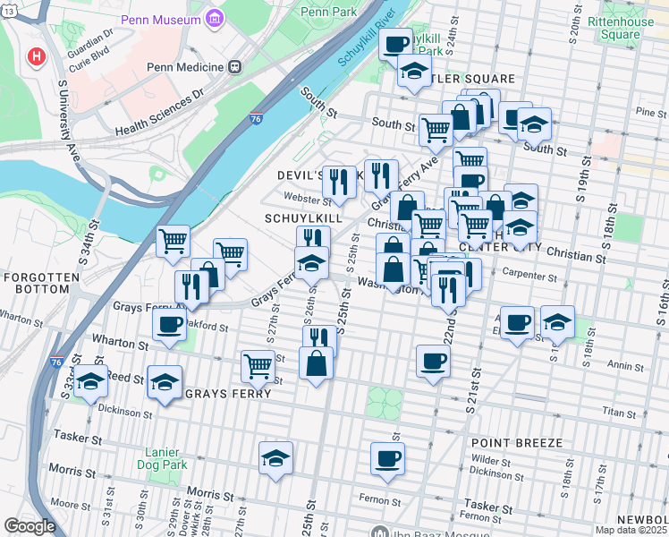 map of restaurants, bars, coffee shops, grocery stores, and more near 2501 Washington Avenue in Philadelphia
