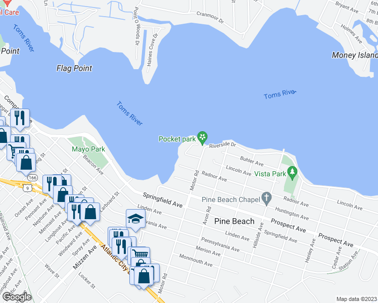 map of restaurants, bars, coffee shops, grocery stores, and more near 204 Lincoln Avenue in Pine Beach