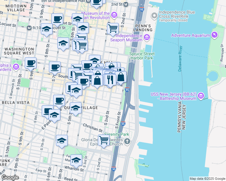 map of restaurants, bars, coffee shops, grocery stores, and more near 623 South 2nd Street in Philadelphia