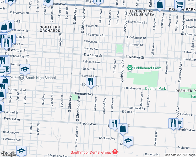 map of restaurants, bars, coffee shops, grocery stores, and more near 1218 Wilson Avenue in Columbus
