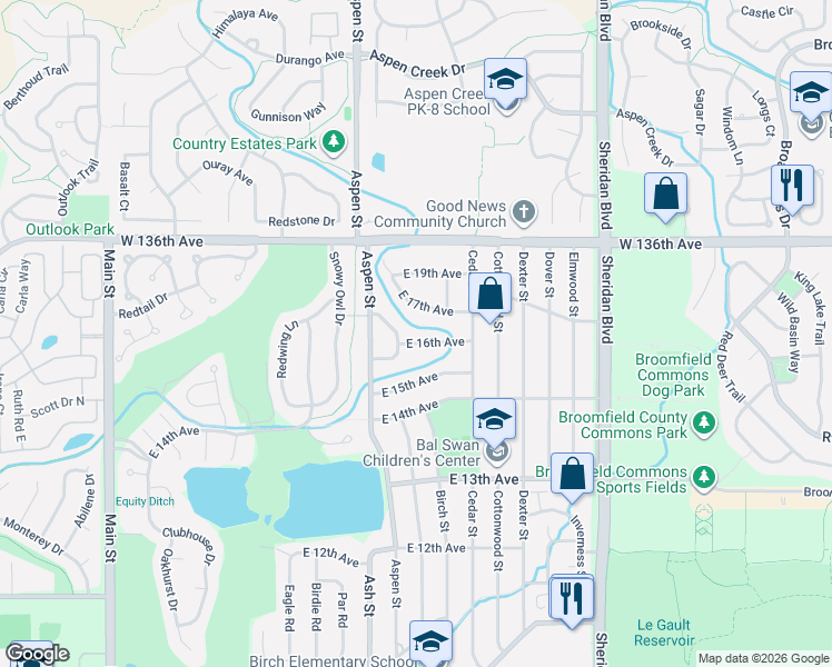 map of restaurants, bars, coffee shops, grocery stores, and more near 1055 East 16th Avenue in Broomfield