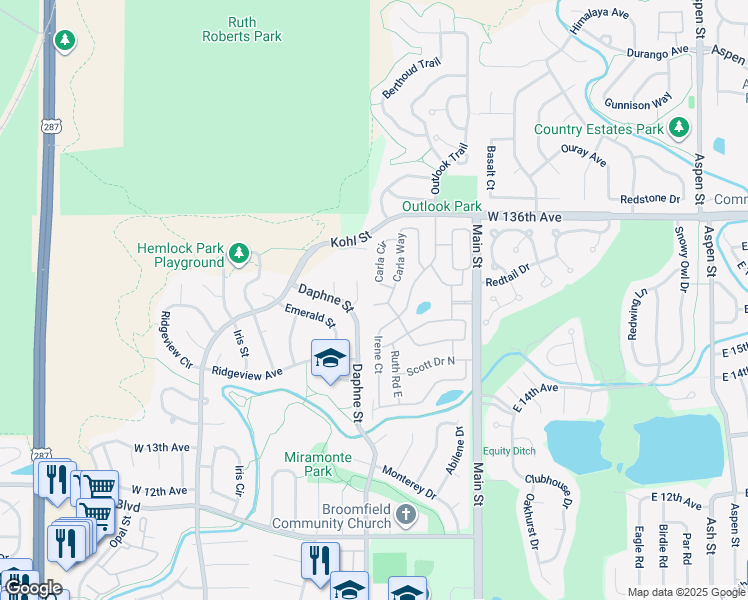 map of restaurants, bars, coffee shops, grocery stores, and more near 68 Carla Way in Broomfield