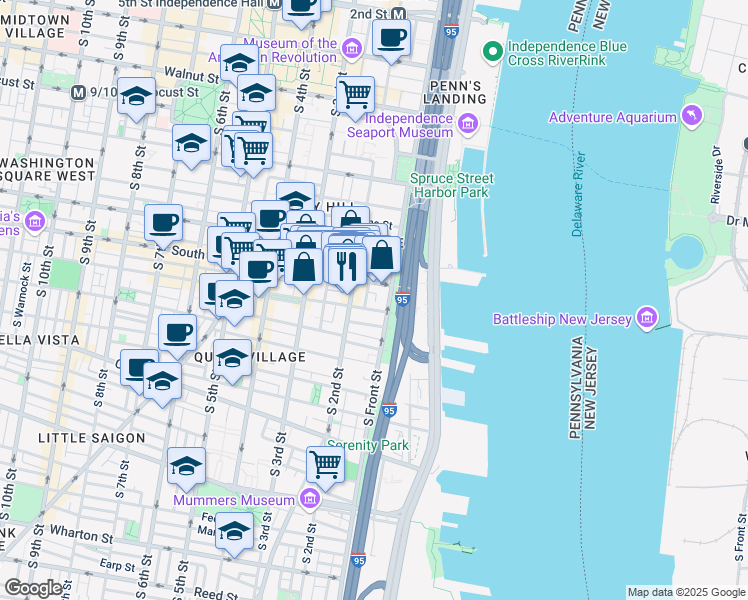map of restaurants, bars, coffee shops, grocery stores, and more near 214 South Street in Philadelphia