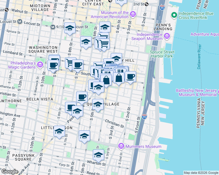 map of restaurants, bars, coffee shops, grocery stores, and more near 310 Bainbridge Street in Philadelphia