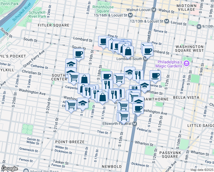 map of restaurants, bars, coffee shops, grocery stores, and more near 901 South 17th Street in Philadelphia