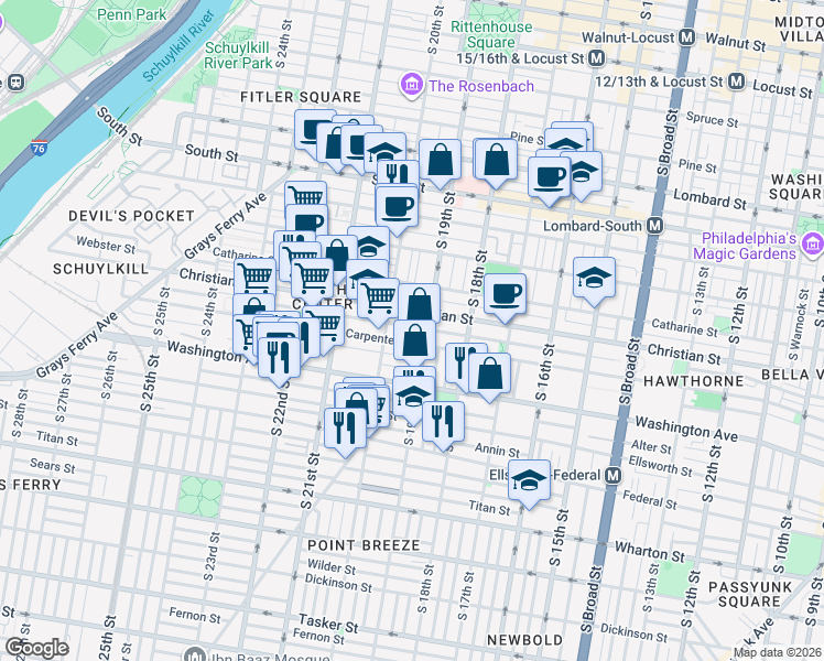 map of restaurants, bars, coffee shops, grocery stores, and more near 1928 Montrose Street in Philadelphia
