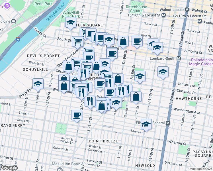map of restaurants, bars, coffee shops, grocery stores, and more near 2021 Carpenter Street in Philadelphia