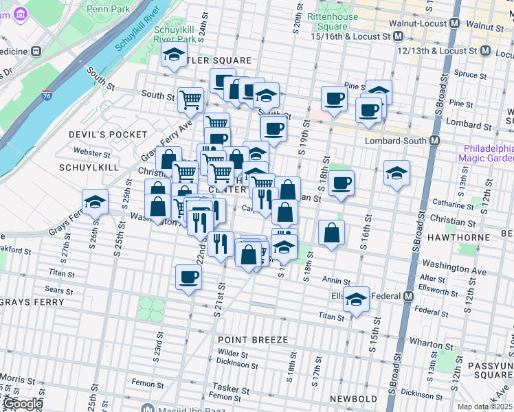 map of restaurants, bars, coffee shops, grocery stores, and more near 2021 Carpenter Street in Philadelphia